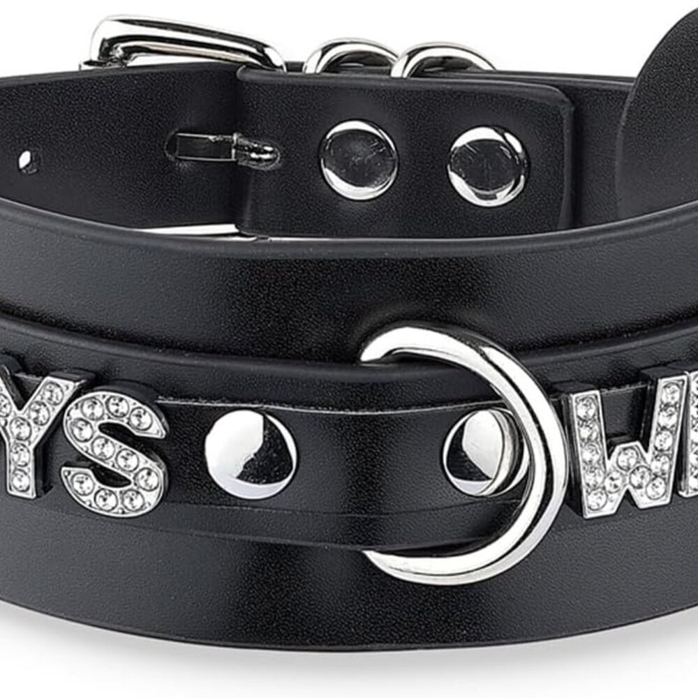 Women's Faux Leather Choker Necklace with Rhinestone Letters Gothic Adjustable